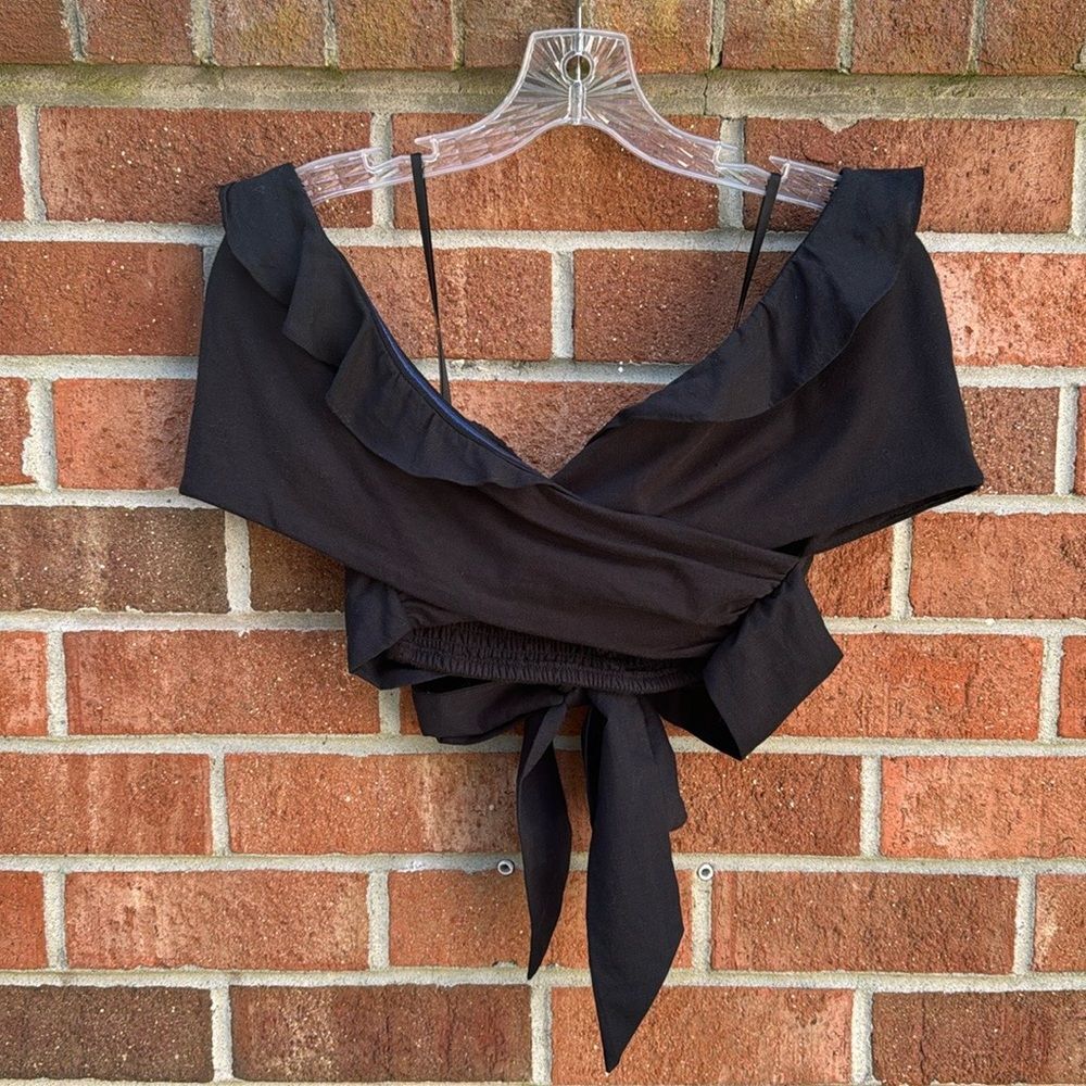 Anthropologie Black Wrap Front Crop Top sz XL